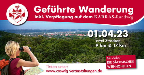 Junge Wandersfrau blickt über Wald nach Coswig und Schriftzug mit Daten zur Wanderung