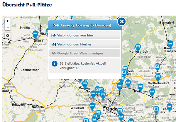 Karte der Park and Ride Plätze