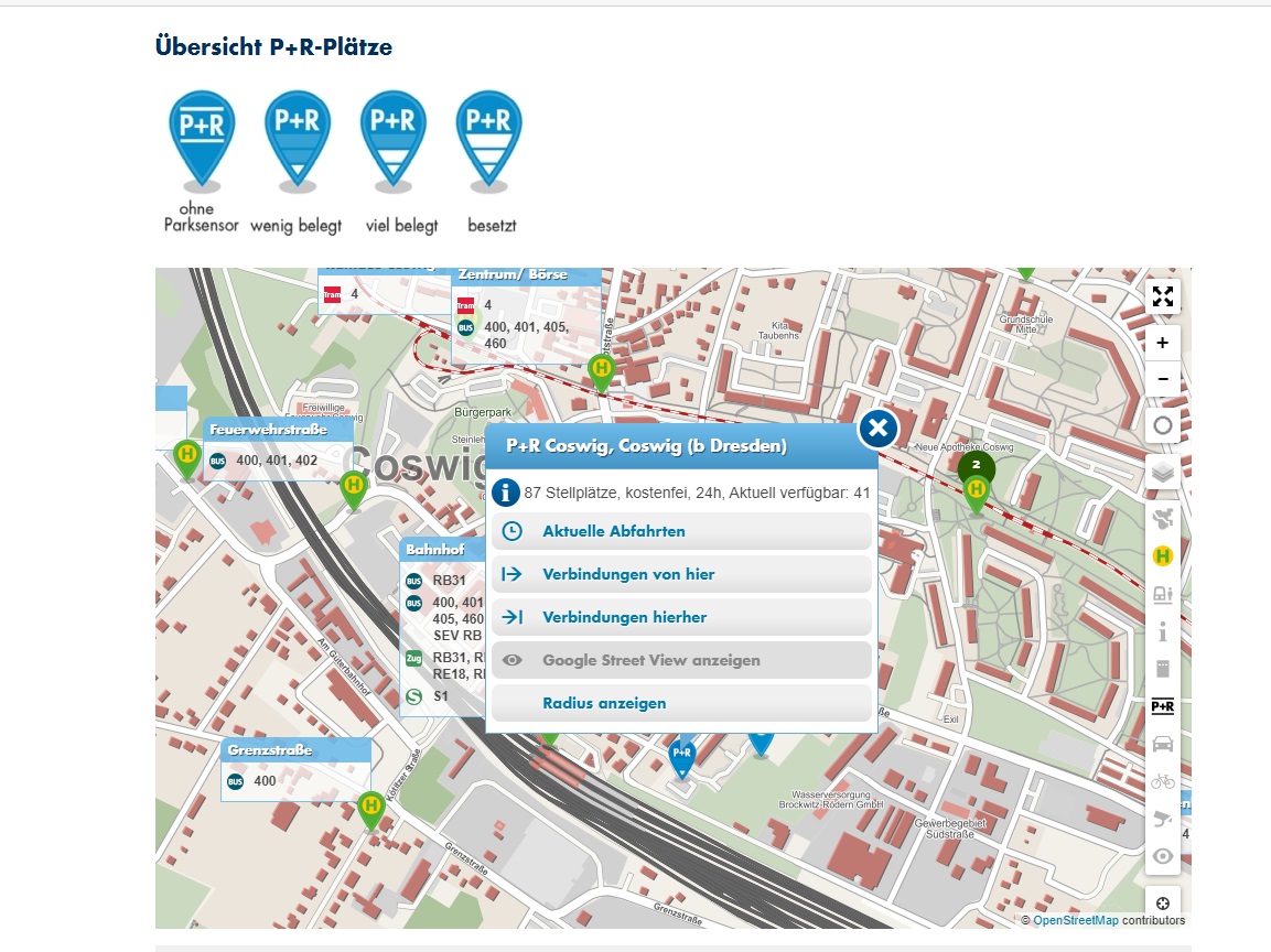 Bildschirmfoto P+R Coswig - Anzeige freier Parkplätze