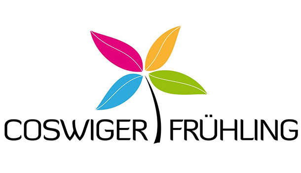 Stilisierte Blüte mit Schriftzug "Coswiger Frühling"