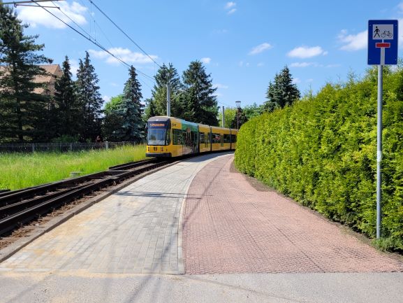 Hirtenweg West fertiggestellt. links Pflaster, rechts Rasengitter.