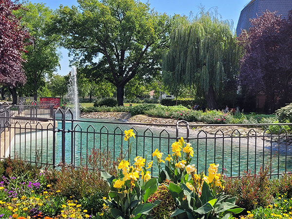 Teich auf dem Wettinplatz mit klarem Wasser und Fontäne