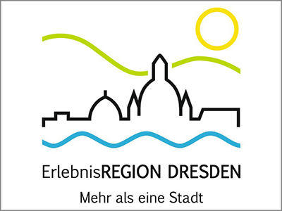 "Erlebnisregion Dresden - Mehr als eine Stadt" - stilisierte Grafik: Dresden mit Elbe, Hügeln und Sonne