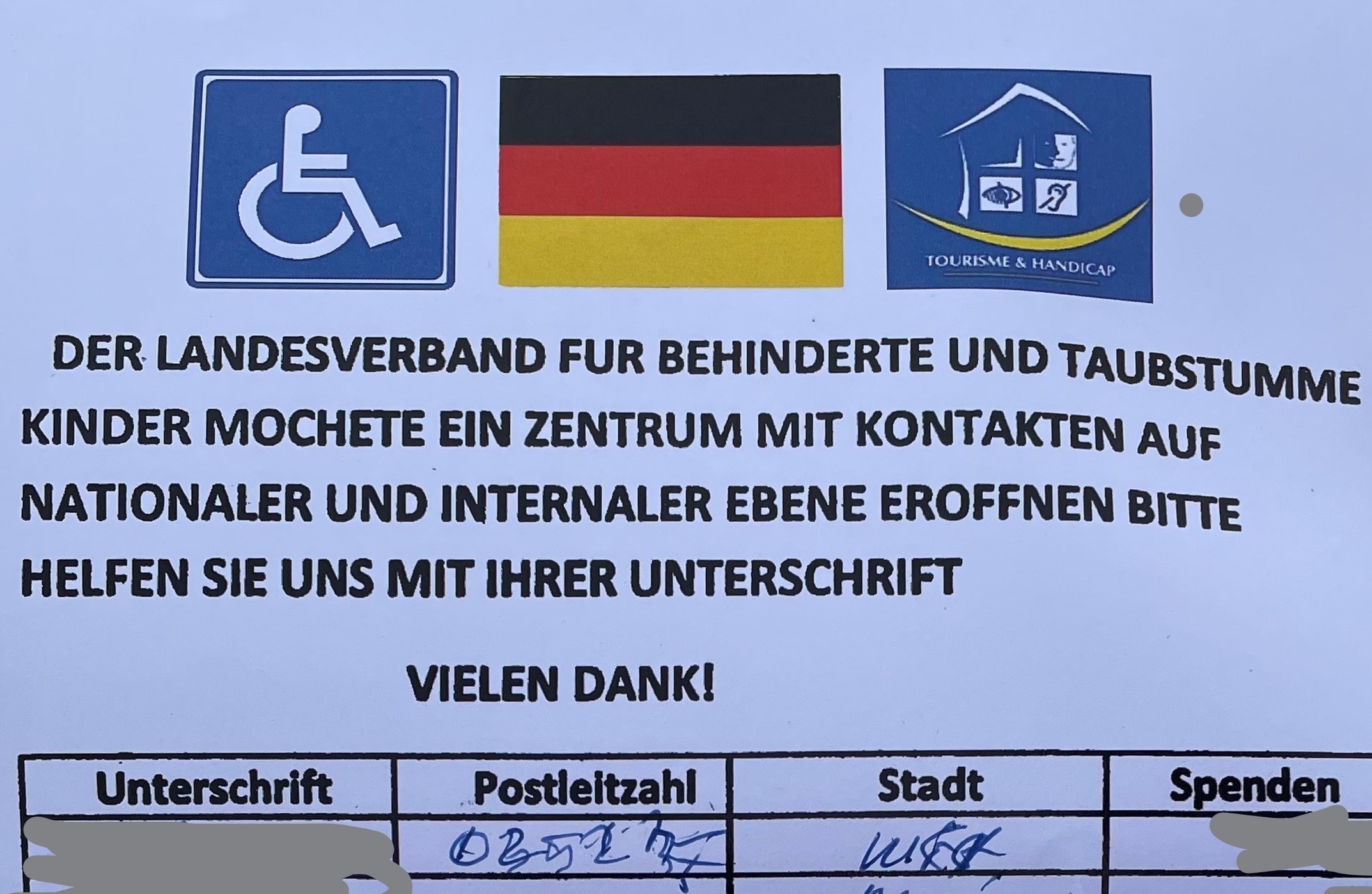 Spendensammlung. Abbildung der Sammelliste.