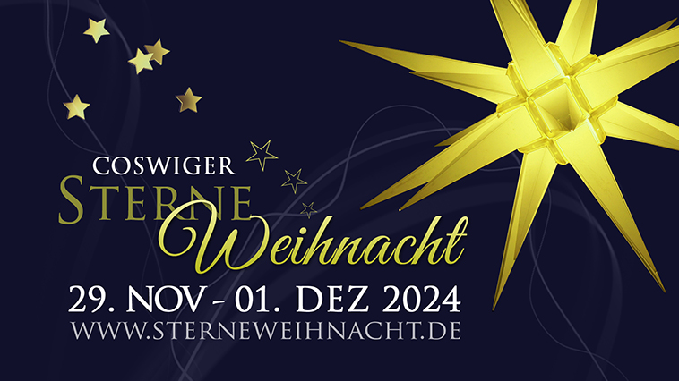 Plakat mit goldenen Sternen und Schriftzug zum Weihnachtsmarkt