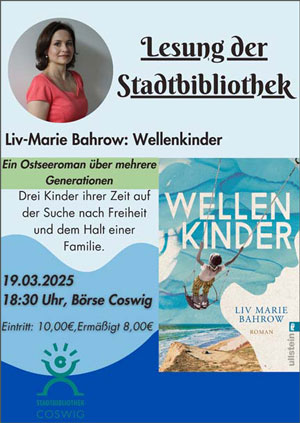 Plakat mit Autorin abgebildet zum Roman "Wellenkinder"