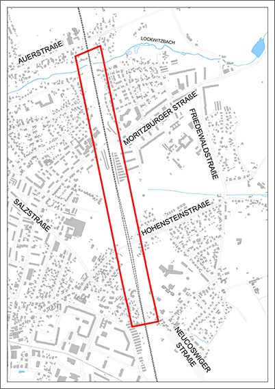 Ausschnitt Stadtgrundkarte Coswig mit Baumaßnahmen an der Bahnstrecke