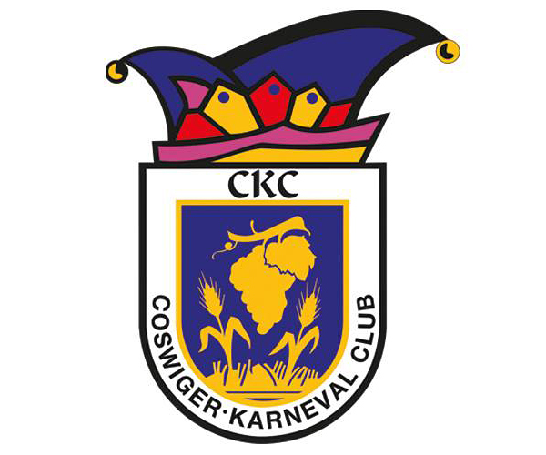 Wappen des CKC - Coswiger Wappen mit Narrenkappe und Schriftzug "Coswiger Karneval Club"