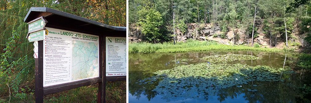 Hinweistafel mit Erläuterungen zum Landschaftsschutzgebiet und Foto Seerosenteich
