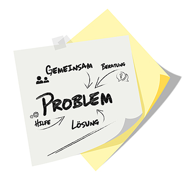 Klebezettel mit Schrift: Problem, Gemeinsam, Beratung, Hilfe und Lösung
