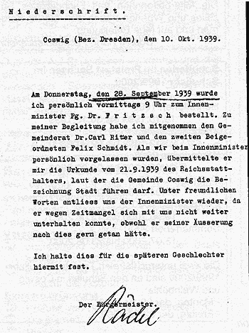 Niederschrift - Überreichung Urkunde Stadtrecht